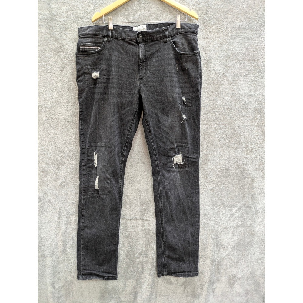 Grunge Distressed Jeans Mens 38x32 Sun + Stone Black Ripped Denim Tapered Leg
